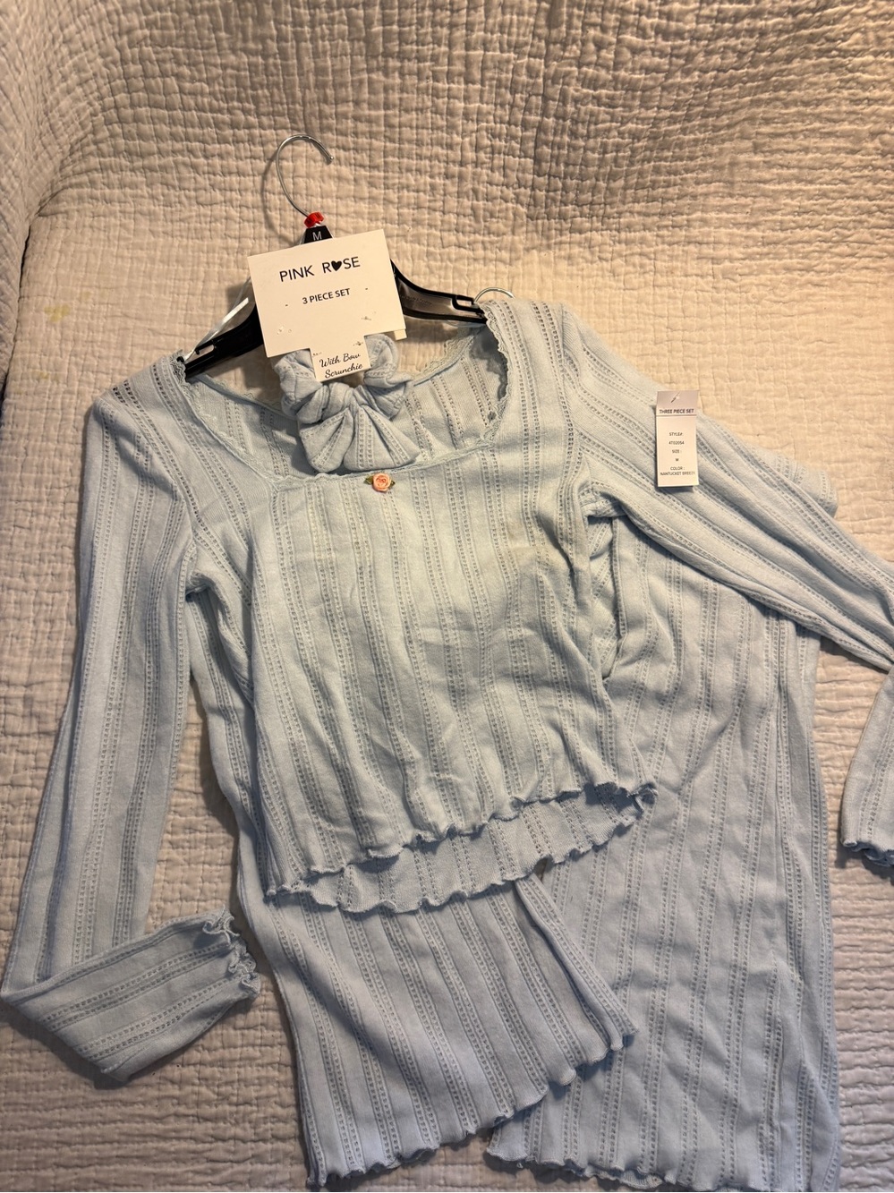 Pink Rose Light Blue Ribbed Long Sleeve Pajamas Set. Size Small. NWT